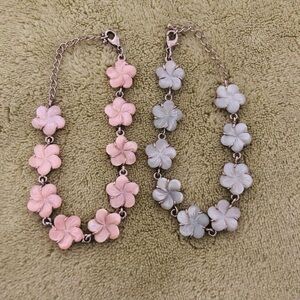 Del Sol anklet bracelets 2 bundle floral beads pink blue links silver tone links